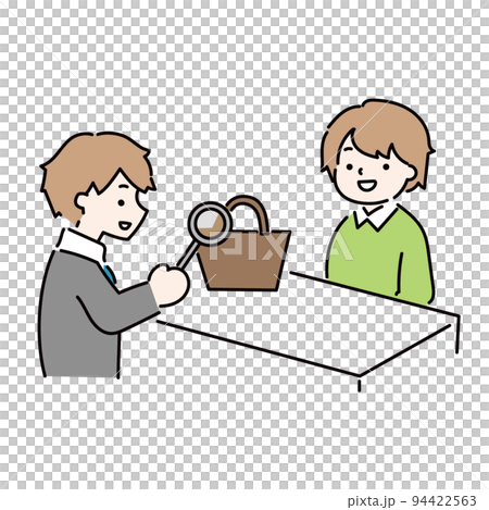 Illustration of a man who is assessing the purchase of a brand bag Illustration of a man who is assessing the purchase of a brand bag 94422563