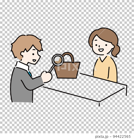 Illustration of a man who is assessing the purchase of a brand bag Illustration of a man who is assessing the purchase of a brand bag 94422565