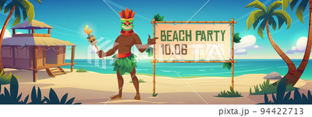 Beach party announcement with Tiki man in mask 94422713