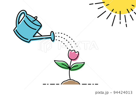 Watering a watering can flower. Concept of plant growth under the sun. Watering a watering can flower. Concept of plant growth under the sun. 94424013