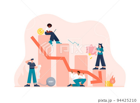 Economic crisis concept. The stock market fell down, prices drop, and investing failures or mistakes. People lose their money, savings, and investments. Vector flat illustration with characters. 94425210