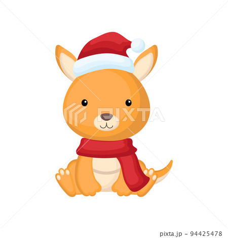 Cute little kangaroo sitting in a Santa hat and red scarf. Cartoon animal character for kids t-shirts, nursery decoration, baby shower, greeting card, invitation. Isolated vector stock illustration Cute little kangaroo sitting in a Santa hat and red scarf. Cartoon animal character for kids t-shirts, nursery decoration, baby shower, greeting card, invitation. Isolated vector stock illustration 94425478