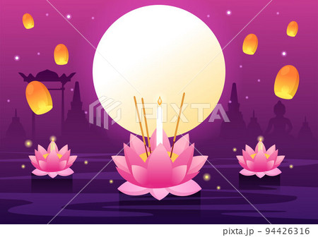 Loy Krathong Festival Celebration in Thailand Template Hand Drawn Cartoon Flat Illustration with Lanterns and Krathongs Floating on Water Design Loy Krathong Festival Celebration in Thailand Template Hand Drawn Cartoon Flat Illustration with Lanterns and Krathongs Floating on Water Design 94426316