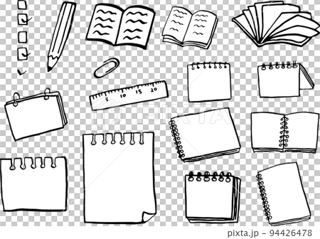 用筆(黑白)繪製的備忘錄和文具插圖集 用筆(黑白)繪製的備忘錄和文具插圖集 94426478