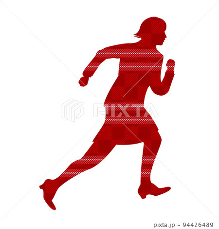 走るビジネスウーマンのシルエット　チェック柄 94426489