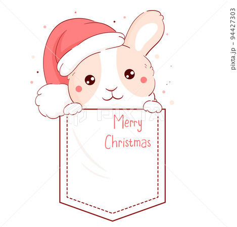 Lovely bunny in pocket. Inscription Merry Christmas. Baby print with rabbit in pocket 94427303