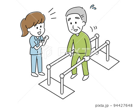 リハビリ　歩行訓練をするシニアのイラスト 94427648