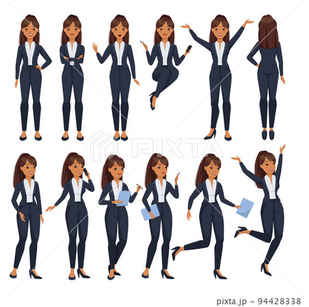 Office Woman Character with Ponytail Wearing Formal Suit in Different Pose Vector Set 94428338