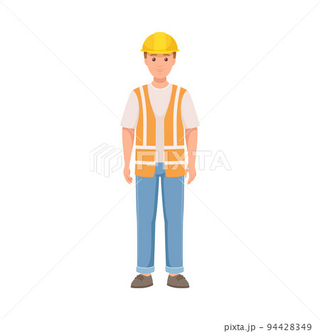 Man Builder Character in Hard Hat and Warnvest in Standing Pose Vector Illustration 94428349