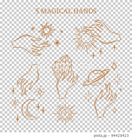 MAGIC HANDS Astrological Variations Symbol Set For Tarot Card Occult Esoteric Witchcraft Hand Drawn Alchemist Objects Halloween Sketch Design Collection 94428423