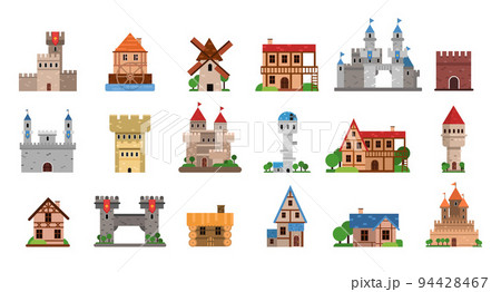 Medieval Historical Buildings with Castle with Stone Walls, Tower, Windmill and House Vector Set 94428467