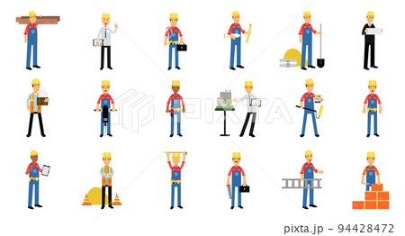 Man Professional Builder Character in Hard Hat and Overalls Working on Construction Site Vector Set Man Professional Builder Character in Hard Hat and Overalls Working on Construction Site Vector Set 94428472