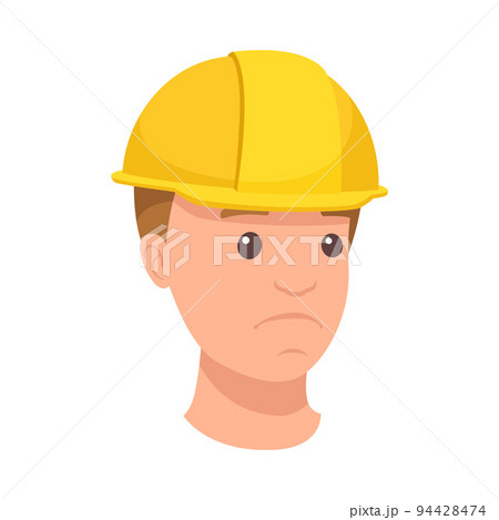 Man Builder Character Head in Yellow Hard Hat and Sad Face Expression Vector Illustration 94428474