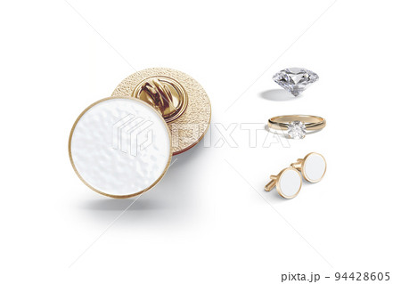 Blank gold enamel pin, ring, cufflinks and diamond mockup, isolated 94428605