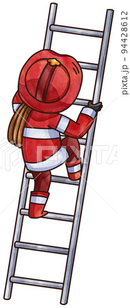 Firefighter, fireman character with fire fighting equipment tools. Fireman in uniform with fire hose hydrant, fire extinguisher watercolor illustration set. Fireman character 94428612