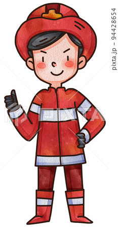 Firefighter, fireman character with fire fighting equipment tools. Fireman in uniform with fire hose hydrant, fire extinguisher watercolor illustration set. Fireman character 94428654