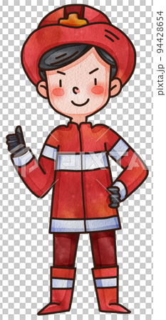 Firefighter, fireman character with fire fighting equipment tools. Fireman in uniform with fire hose hydrant, fire extinguisher watercolor illustration set. Fireman character 94428654
