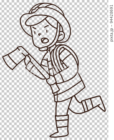 Firefighter, fireman character with fire fighting equipment tools. Fireman in uniform with fire hose hydrant, fire extinguisher line art. Fireman character 94428691