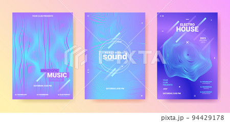 Dance Music Flyer. Geometric Festiv Illustration. Techno Sound Poster. Dance Music Flyer Set. Electro Party Cover. Vector 3d Background. Gradient Wave Line. Blue Purple Dance Music Flyer. 94429178