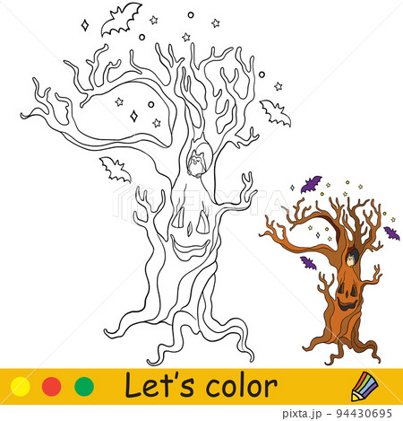 Halloween kids coloring with template scary dead tree 94430695