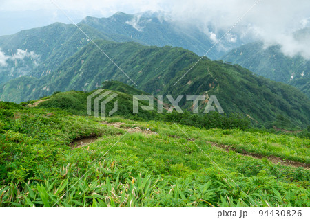 長野県の北アルプス白岳山頂から見下ろす遠見山系 94430826