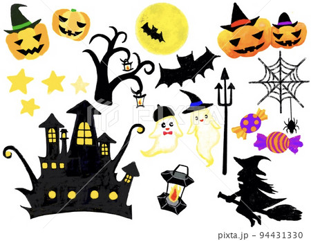 パステル風で、南瓜や城やコウモリやお化けや魔女などの10月ハロウィンセット素材 パステル風で、南瓜や城やコウモリやお化けや魔女などの10月ハロウィンセット素材 94431330