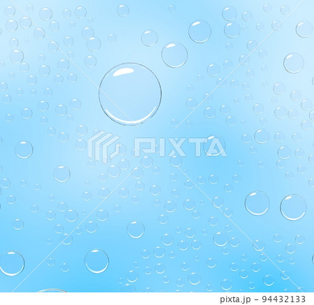 Water background, air bubbles on blue backdrop with aqua spheres. Rain, dew or condensation droplets with light reflection, abstract wet texture with clear liquid balls or drops 94432133