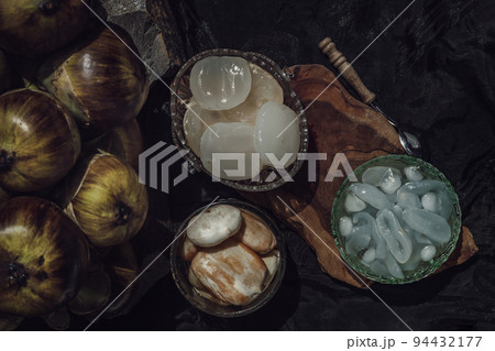 Sliced sweet fresh toddy palm with syrup and shaved ice in glass bowl. Sliced sweet fresh toddy palm with syrup and shaved ice in glass bowl. 94432177