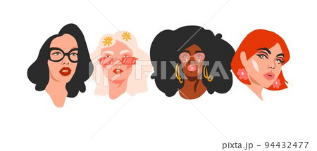 Hand drawn vector abstract stock flat graphic illustration collection set with retro vintage groovy disco 60s,70s boho modern diverse woman portraits faces.Disco funky modern concept art design. 94432477