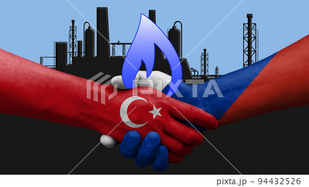 Turkey and Russia gas sale agreement. Hands shake with state flags. In the background a gas factory drawing 94432526
