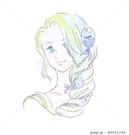 イラスト素材: 十二星座うお座の女性イメージ 擬人化/水彩画のイラスト