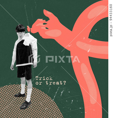 Contemporary art collage. Monster's hand holding young boy. Trick or treat game 94433160