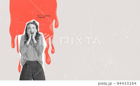 Contemporary art collage. Young girl standing in fear. Spooky season of Halloween time 94433164