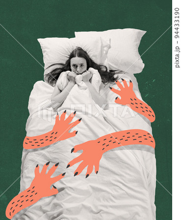 Contemporary art collage. Young girl lying on bed and covering with blanket in fear. Spooky night, monsters under bed Contemporary art collage. Young girl lying on bed and covering with blanket in fear. Spooky night, monsters under bed 94433190