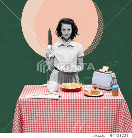 Contemporary art collage. Young woman standing with knife and apple pie. Creepy look. Movie inspiration 94433221