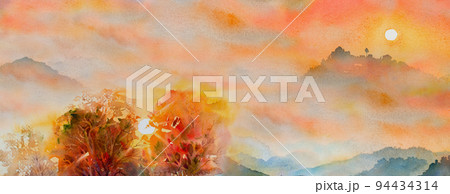 Imagination colorful panorama background. Watercolor landscape painting. 94434314