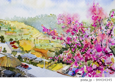 Family holiday travel in winter with blooming bright pink flowers Family holiday travel in winter with blooming bright pink flowers 94434345