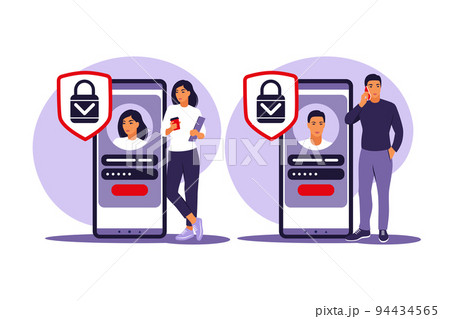 Sign up concept. Young people signing up or login to online account on smartphone app. Secure login and password. Vector illustration. Flat. 94434565