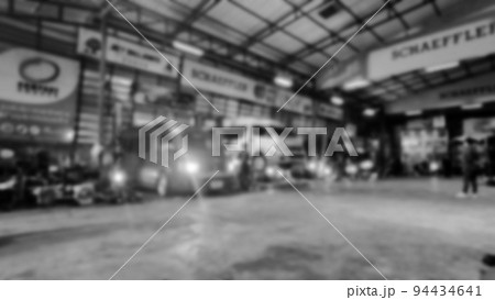 Black and White Blur Line of body Car with the equipment repair station in the garage shop. fix maintenance or checking by mechanic workshop. Business about of car or vehicle concept. 94434641