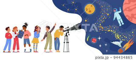 Children Look In Telescope, Curious Little Boys and Girls Study Astronomy Science. Kid Characters Observe Sky with Moon Children Look In Telescope, Curious Little Boys and Girls Study Astronomy Science. Kid Characters Observe Sky with Moon 94434865