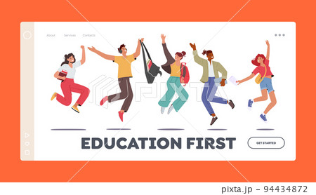 Back to School, Education Landing Page Template. Happy Students Characters Jumping with Backpacks and Textbooks Back to School, Education Landing Page Template. Happy Students Characters Jumping with Backpacks and Textbooks 94434872