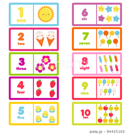 Count from one to ten. Cute characters and numbers. Educational learning card for children, kids, toddlers. 94435103