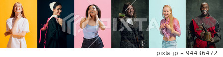 Eras comparison. Set of images of modern young people and medieval persons in vintage clothing on dark background. Collage. Art, fashion, beauty Eras comparison. Set of images of modern young people and medieval persons in vintage clothing on dark background. Collage. Art, fashion, beauty 94436472