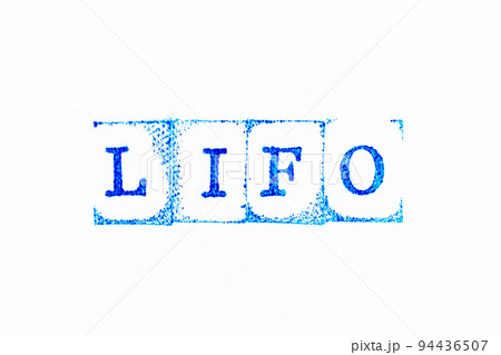 Blue color ink rubber stamp in word LIFO (abbreviation of last in first out) on white paper background 94436507