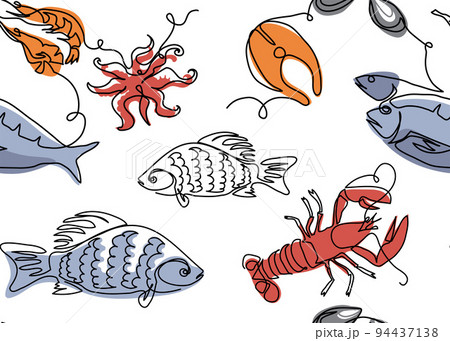 Seafood vector pattern. One continuous line art drawing of seafood pattern Seafood vector pattern. One continuous line art drawing of seafood pattern 94437138