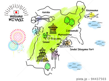 宮城の観光地のシンプル線画イラストマップ 94437503