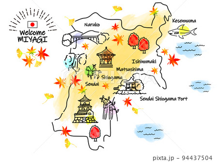 秋の宮城の観光地のシンプル線画イラストマップ 94437504