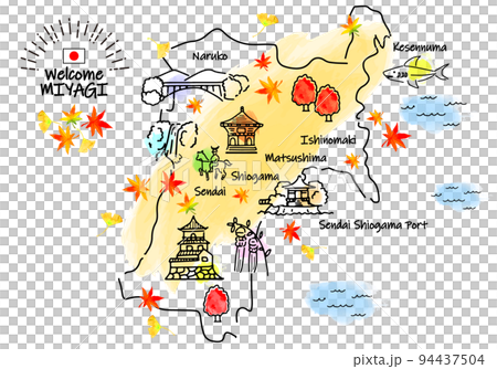 秋の宮城の観光地のシンプル線画イラストマップ 94437504