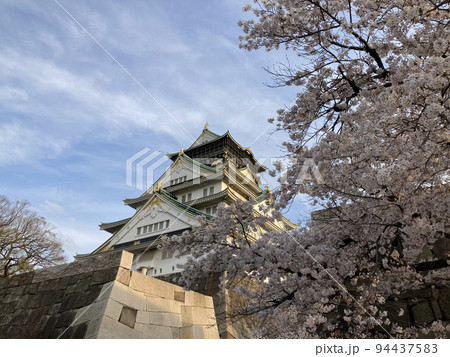 青空の下、桜満開の向こうに見える大阪城 青空の下、桜満開の向こうに見える大阪城 94437583