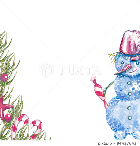 Watercolor frame of coniferous branches decorated with sweets and a snowman with sweets. Ideal for greetings, Christmas menu and other stationery Watercolor frame of coniferous branches decorated with sweets and a snowman with sweets. Ideal for greetings, Christmas menu and other stationery 94437643